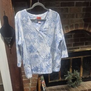 Hearts of Palm Blue and White Patterned Blouse